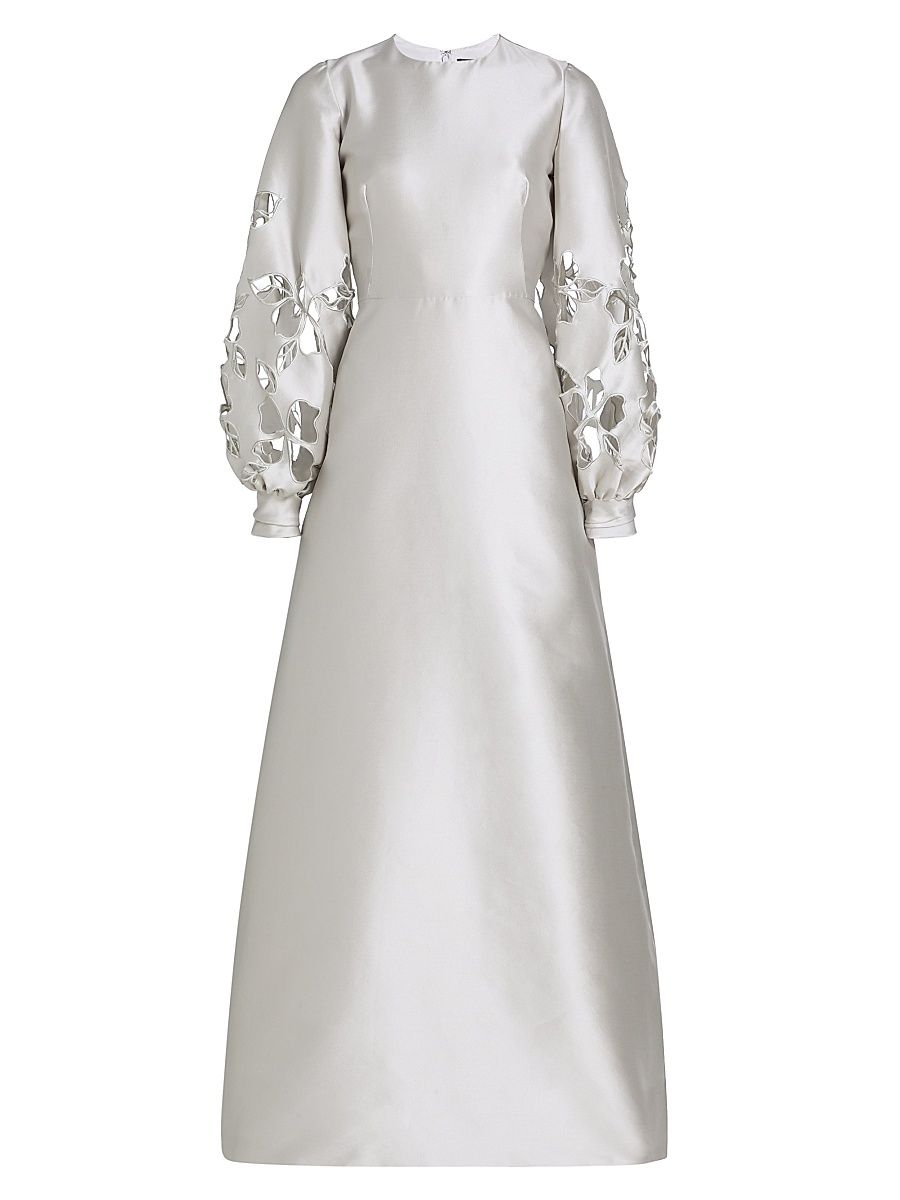 Women's Satin Floral Cut-Out Bishop Sleeves Gown - Silver - Size 12