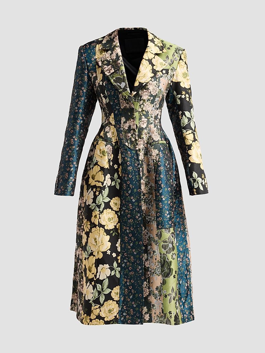 Women's Mixed Floral Jacquard Paneled Coatdress - Black Yellow Multi - Size 6