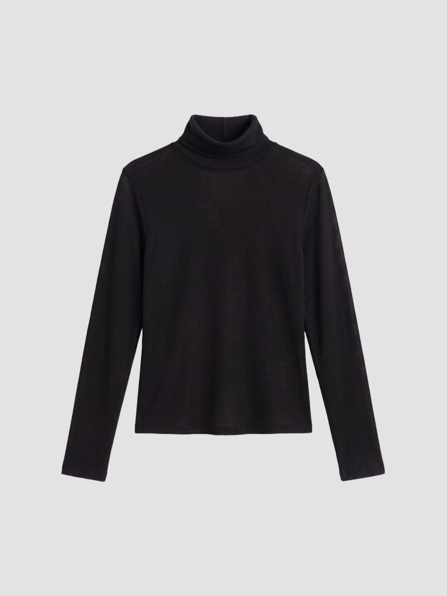 Good American Women's The Sheer Rib-Knit Turtleneck Sweater - Black - Size Large