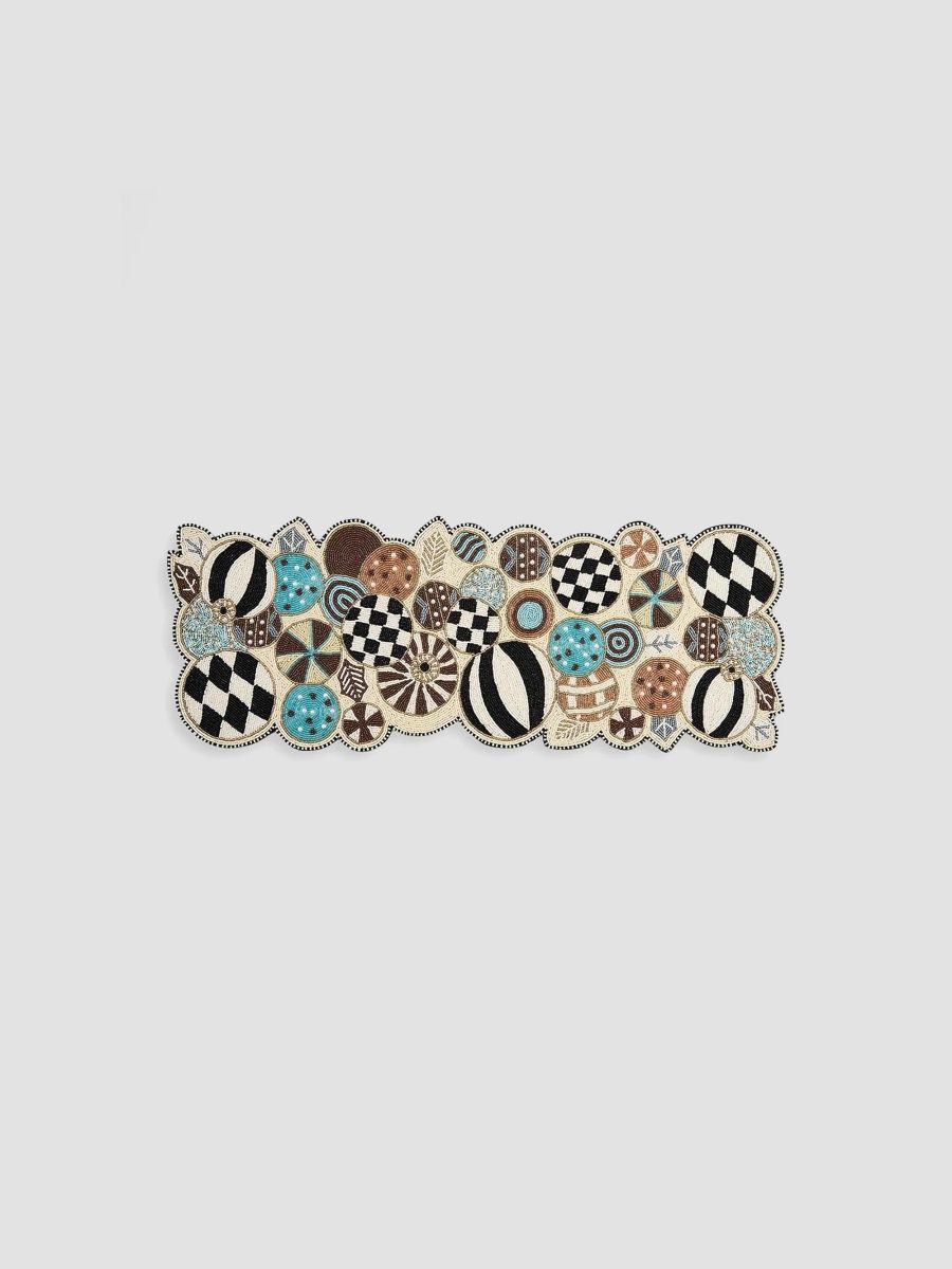 MacKenzie-Childs Mocha Check Natural Noel Beaded Cotton Table Runner