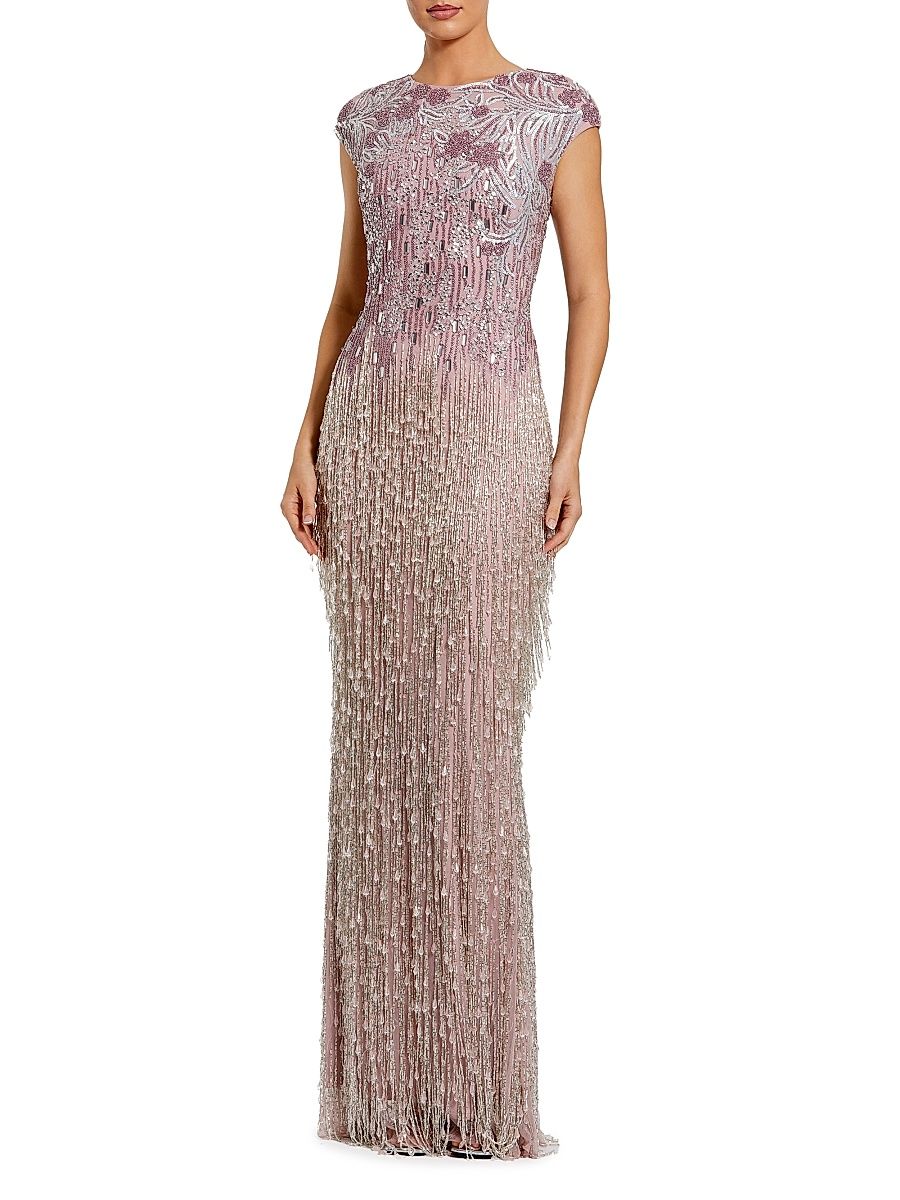 Women's Evening Embellished Mesh Cap-Sleeve Gown - Vintage Lilac - Size 14