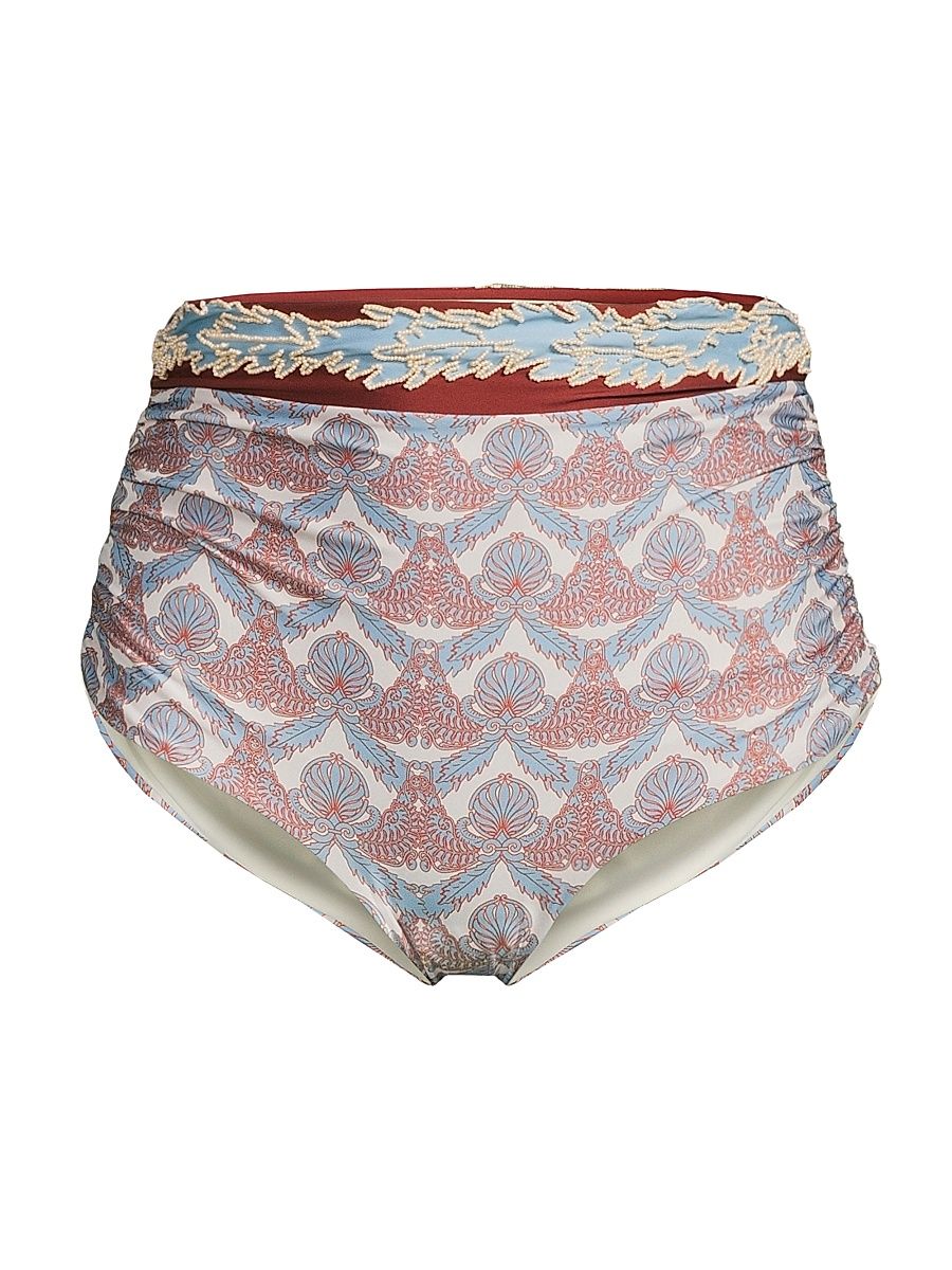 Women's Olinda Beaded Bikini Bottom - Sky Blue Ornaments Ivory - Size Small