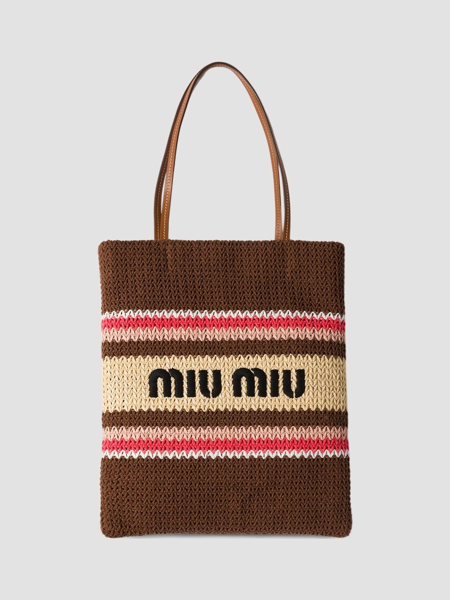 Miu Miu Women's Raffia-Effect Woven Tote Bag - Brown Red