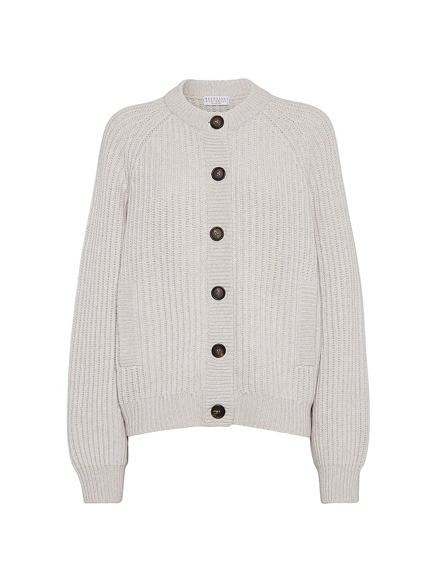 Women's English Rib Cardigan in Cashmere Feather Yarn - Cool Beige - Size XXXL