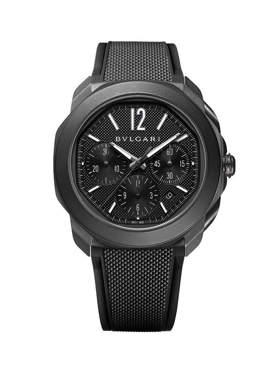Men's Octo Roma Black Stainless Steel, Rubber & Alligator Leather Chronograph Watch/42MM - Black