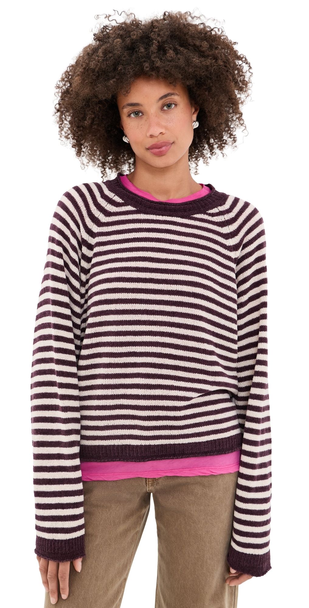 American Vintage Round Neck Long Sleeves Sweater Rayures Aubergine Et Rose Pale L