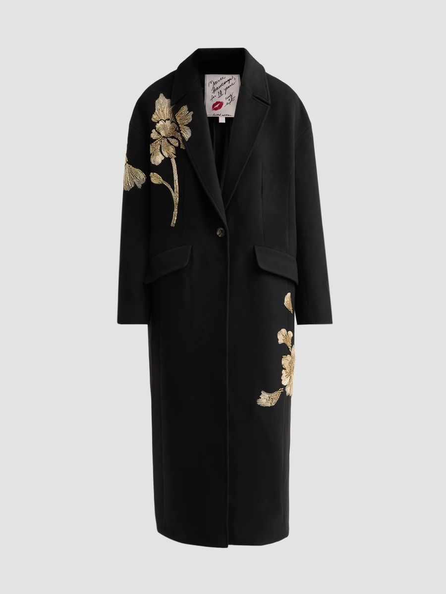 Women's Lilienne Embroidered Floral Coat - Black Gold - Size XL