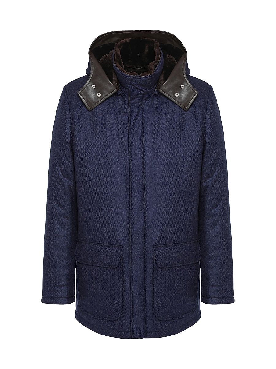 Men's Wool and Cashmere Blend Parka with Shearling Lining - Navy - Size Large
