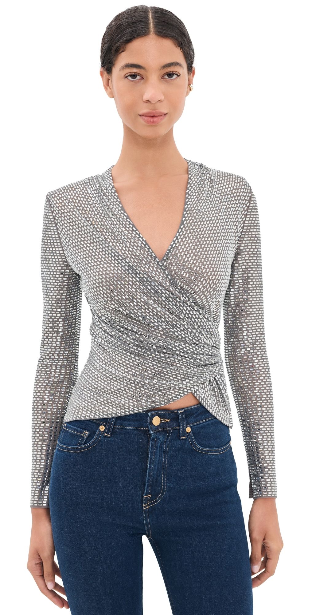 Self Portrait Rhinestone Mesh Wrap Top Grey 10