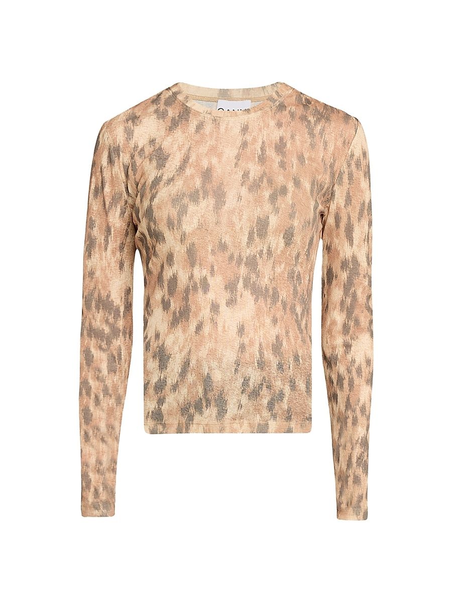 Women's Abstract-Print Marl Mesh Long-Sleeve Top - Burro - Size 14