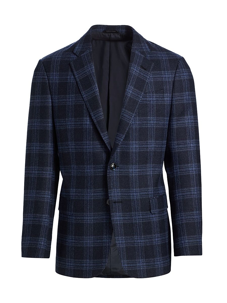 Men's Windowpane Plaid Wool-Cashmere Sport Coat - Sky Captain - Size 48