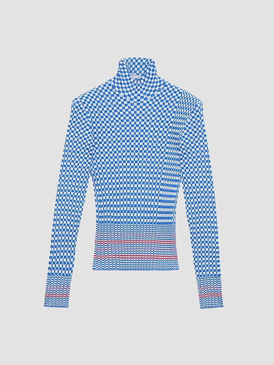 LOEWE Women's Checkerboard Rib-Knit Turtleneck Top - Blue White - Size XS