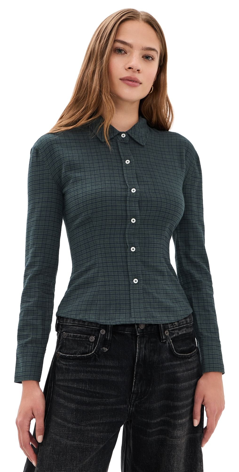 EB Denim Sedona Button Down Top Navy Forest Plaid XS
