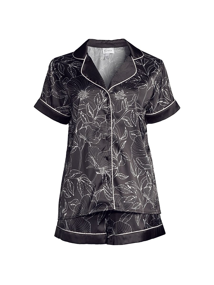 Women's Leaf Print Short Pajama Set - Black - Size Large