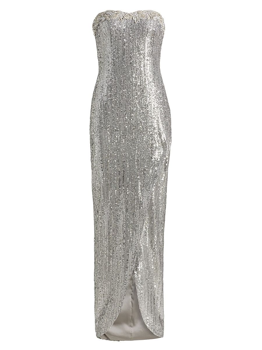 Women's Embellished Strapless Column Gown - Silver - Size 6