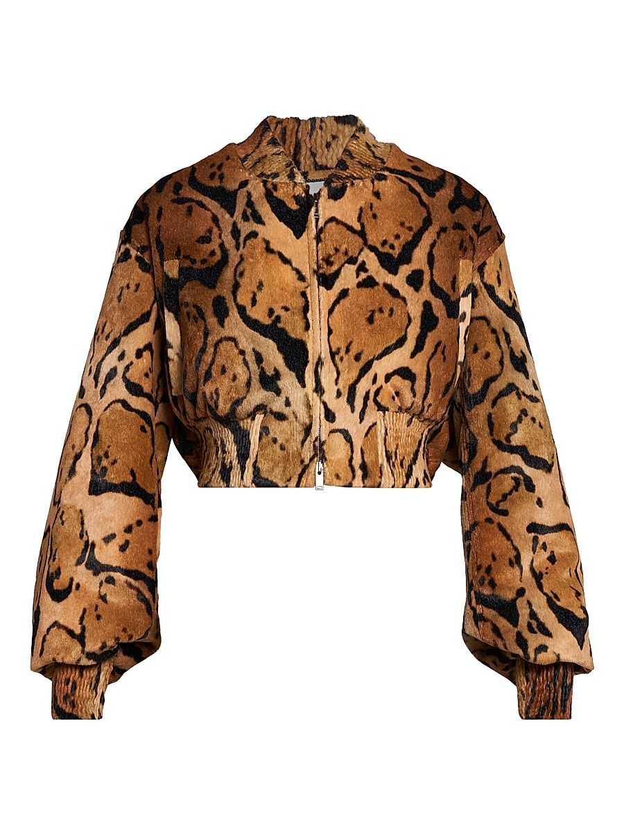 Women's Cloud Leopard Velvet Bomber Jacket - Brown Multi - Size 0
