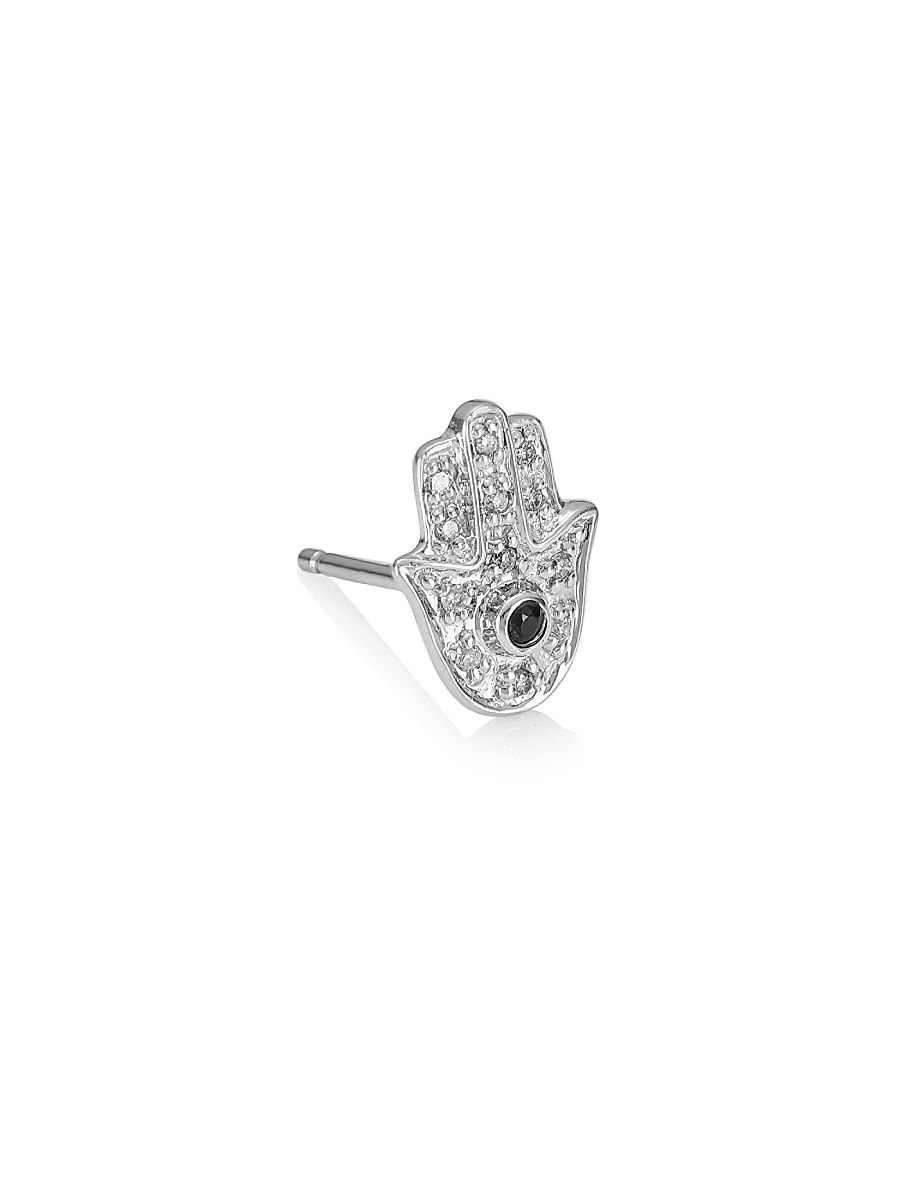 Women's Single Diamond, Sapphire & 14K White Gold Hamsa Stud Earring