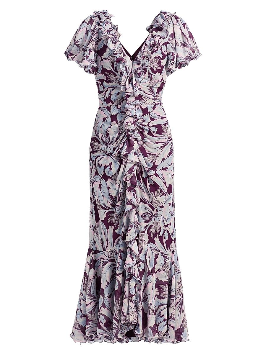 Women's Clio Tulip-Print Ruffled Midi-Dress - Deep Plum Multi - Size 16