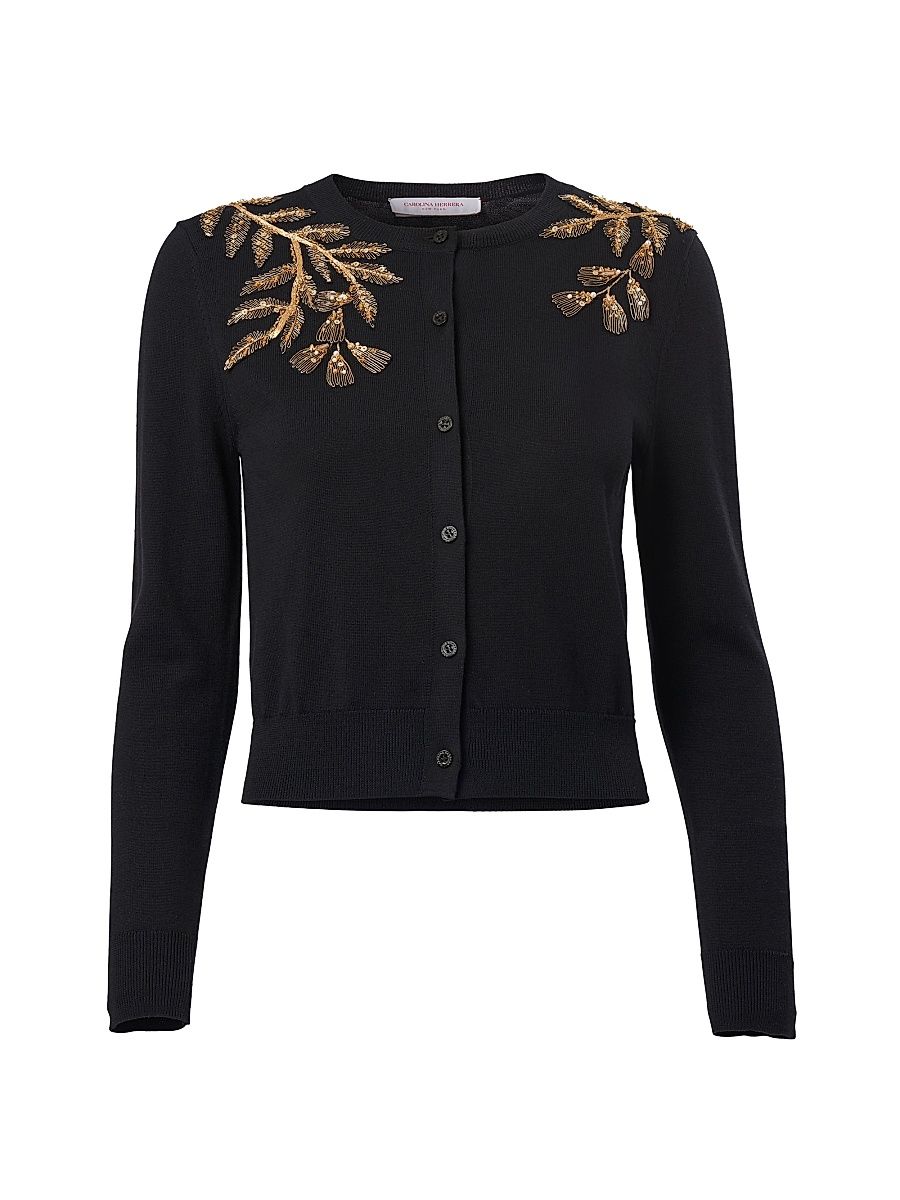 Women's Embellished Leaf-Embroidered Silk-Cotton Cardigan - Black Gold - Size Large