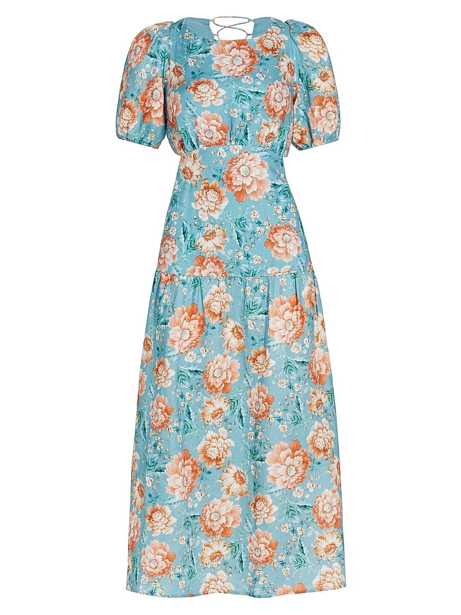 Women's Josette Lace-Up Back Midi-Dress - Blue Floral - Size XL