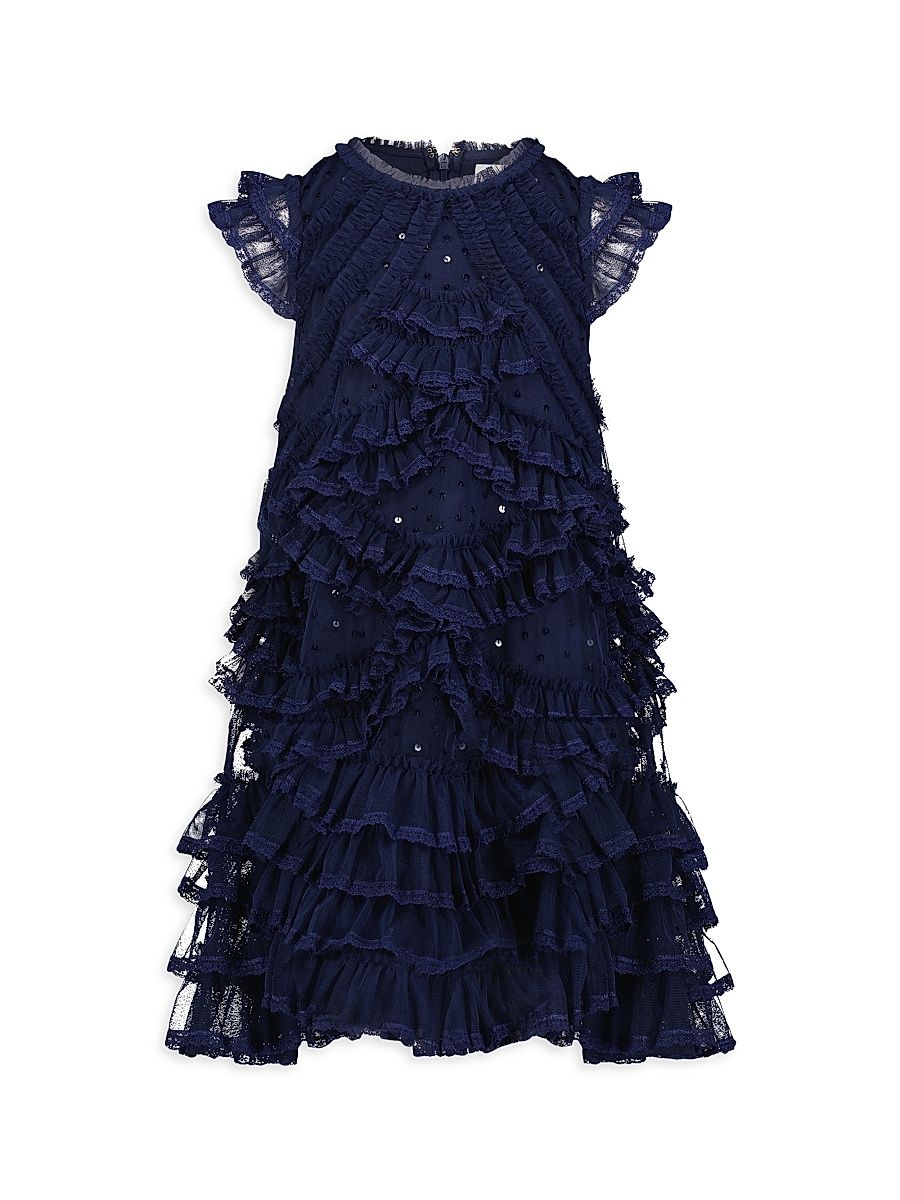 Little Girl's & Girl's Sequin Ruffled Dress - Navy - Size 14