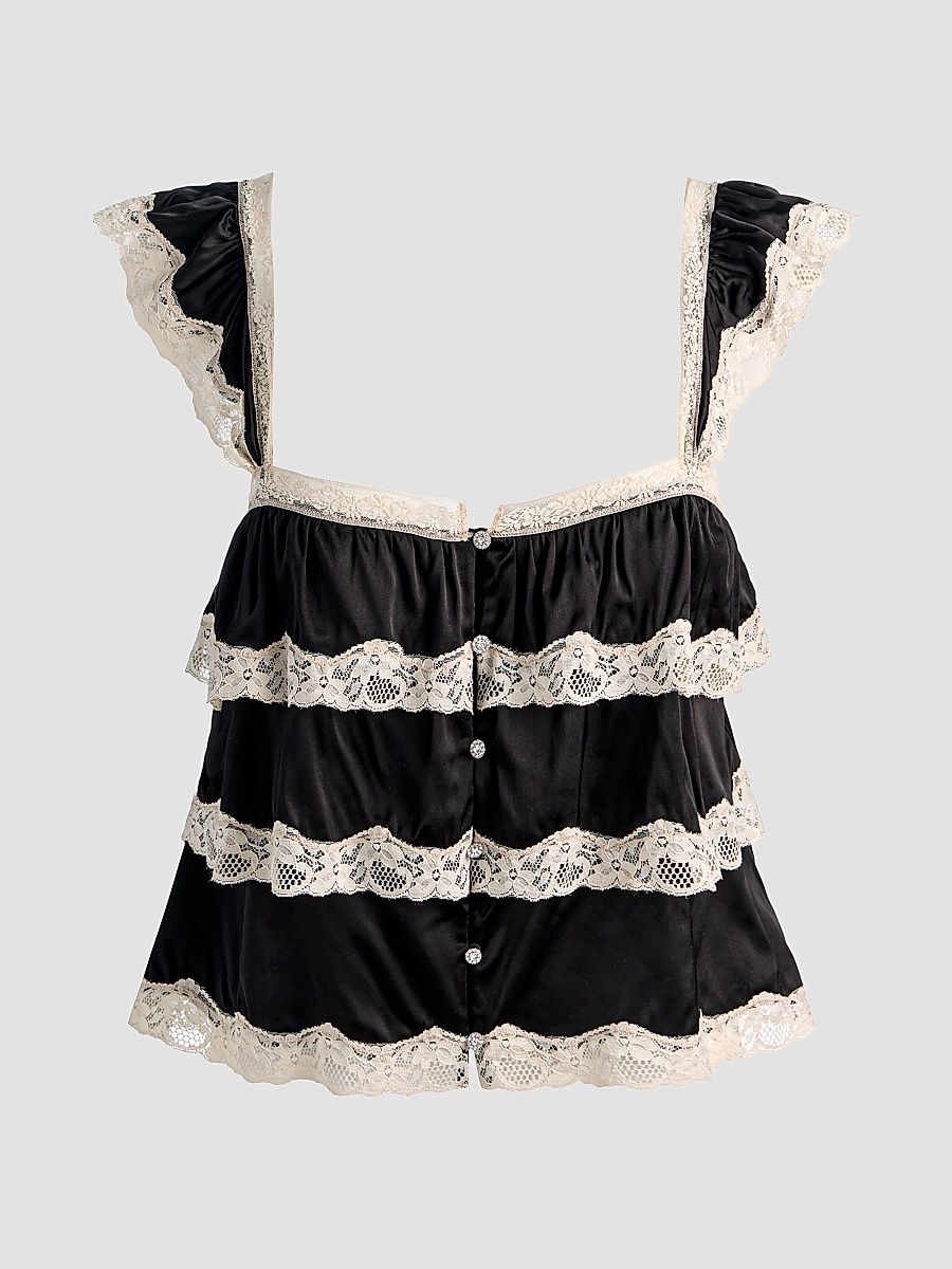 Women's Sylvie Tiered Lace Flutter Crop Top - Black - Size 14