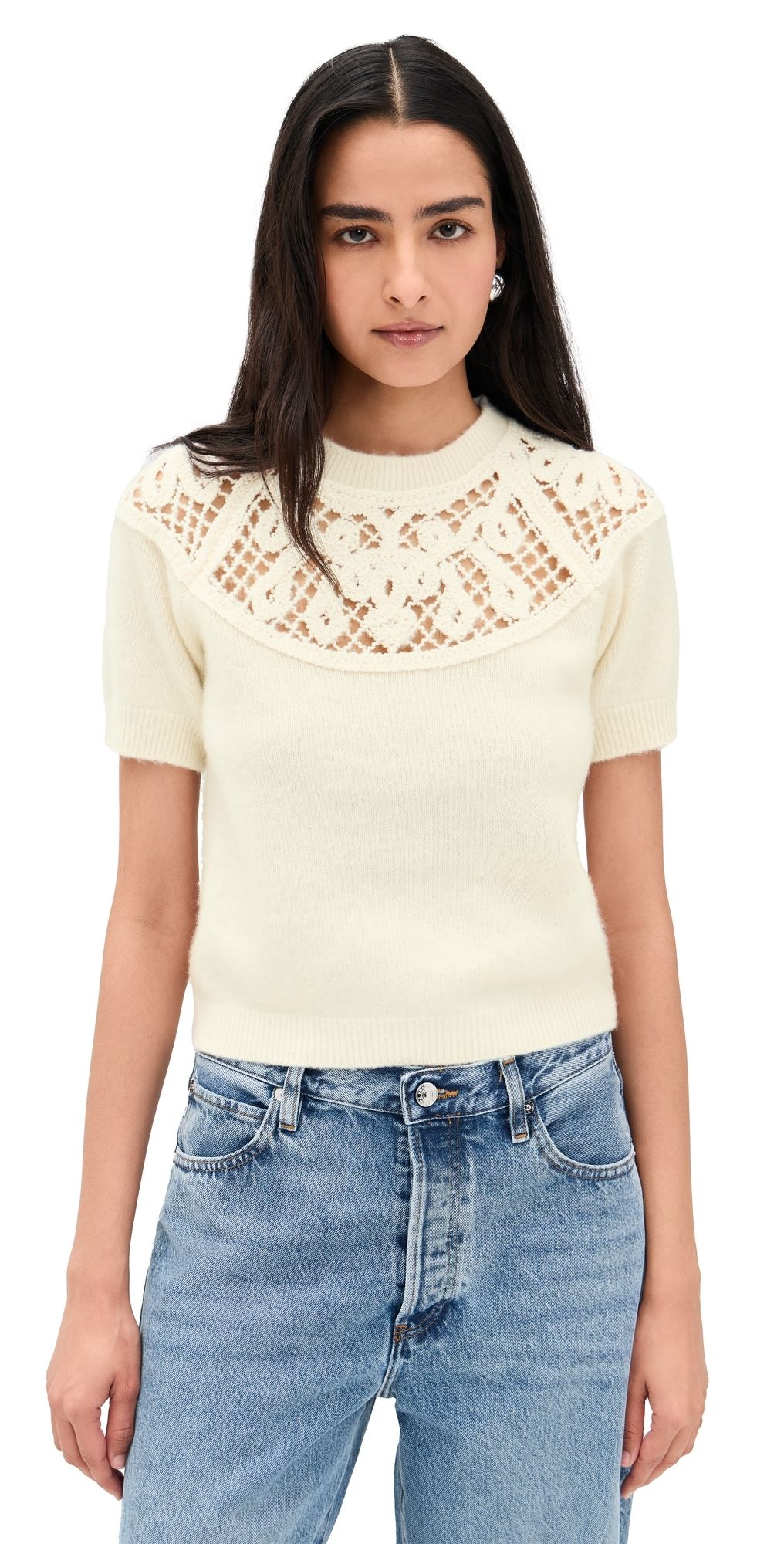 FRAME The Lace Gathered Cashmere Sweater Cream XS
