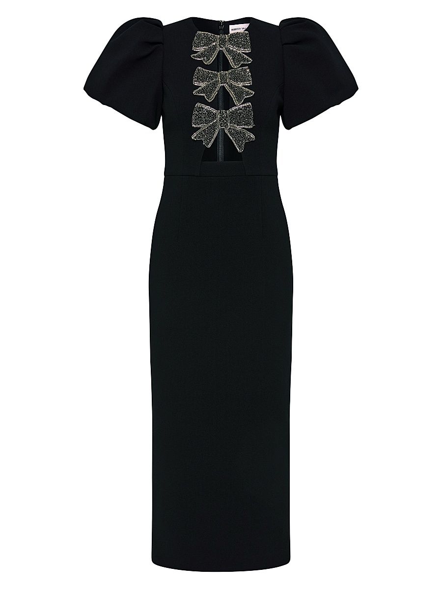 Women's Eliana Crystal-Embellished Velvet Puff-Sleeve Midi-Dress - Black - Size 6