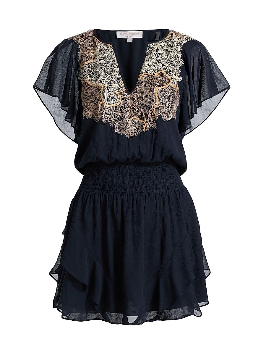 Women's Ismeria Lace-Trimmed Silk Minidress - Navy - Size XL