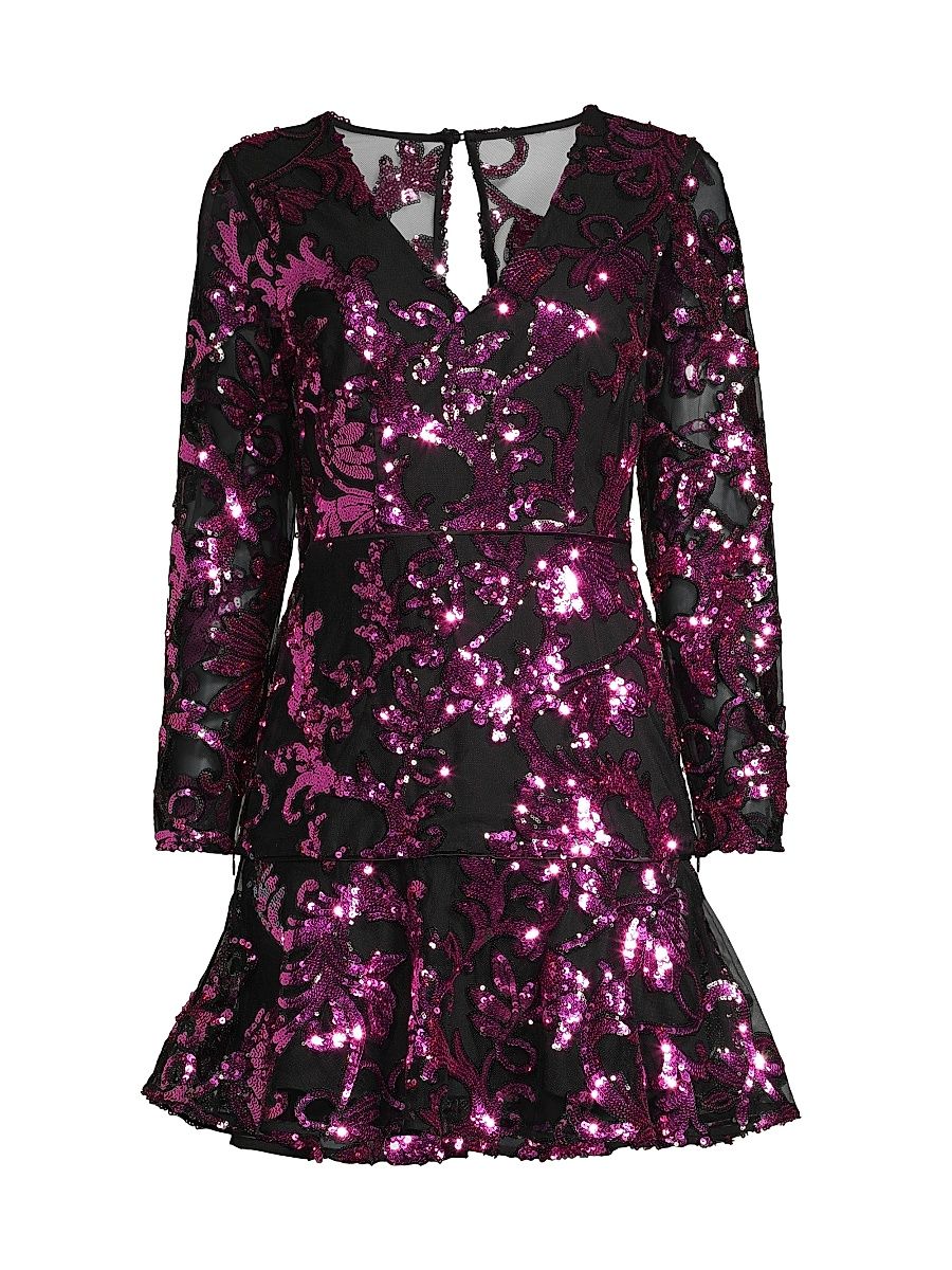 Women's Sequined Long-Sleeve Minidress - Pink Multi - Size 2