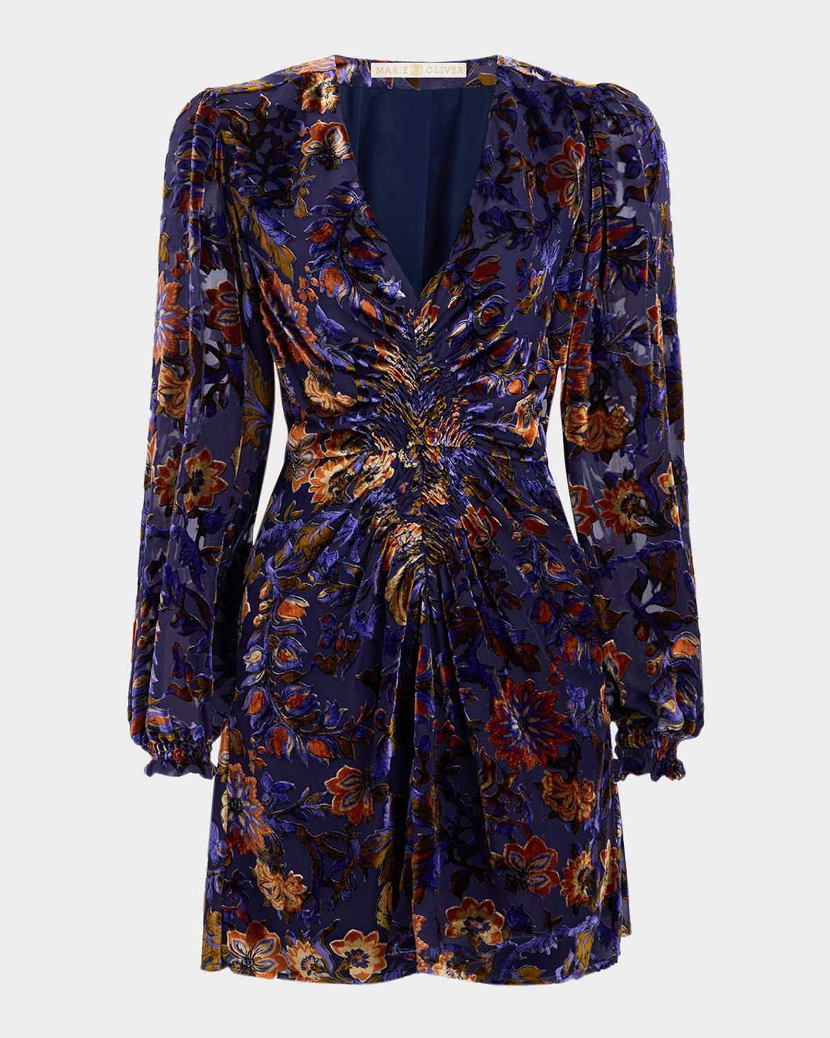 Eliza Smocked Velvet-Flocked Mini Dress