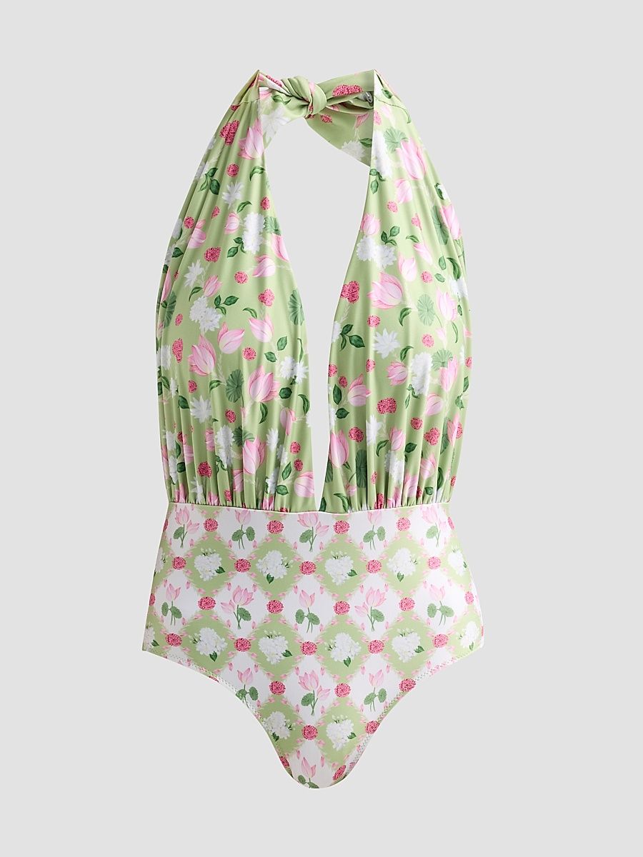 Women's Ammama Floral Halter One-Piece Swimsuit - Sage Green - Size XL
