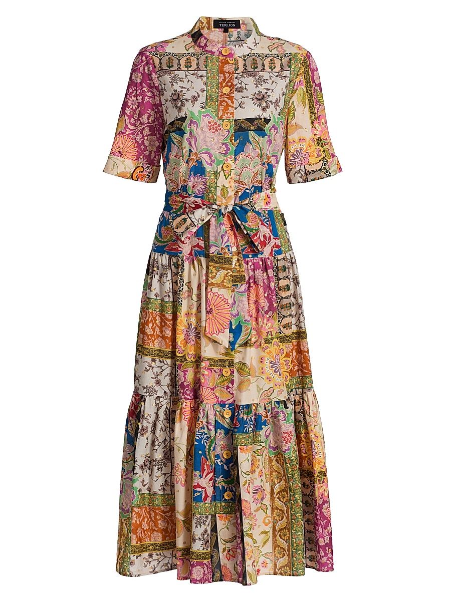 Women's Patchwork Printed Button-Front Midi-Dress - Size 18