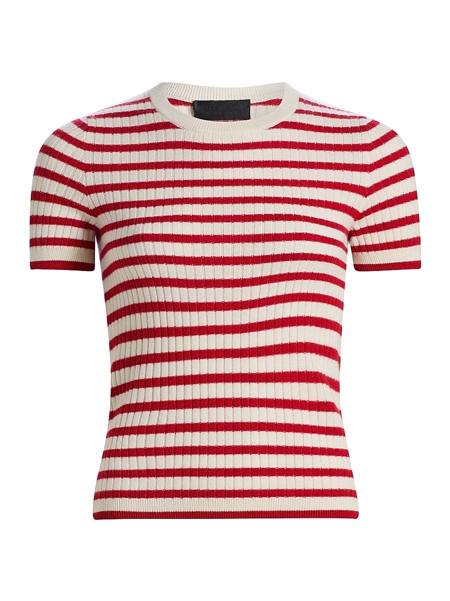 Women's Alita Cashmere Short-Sleeve Sweater - Ivory Red Stripe - Size Large