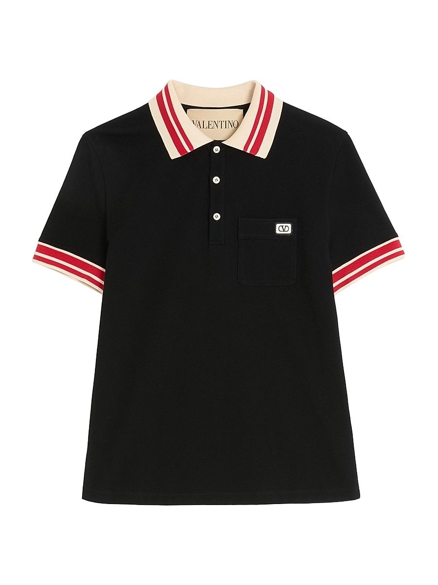 Men's Cotton Piqué Polo Shirt with VLogo Patch - Black - Size XL