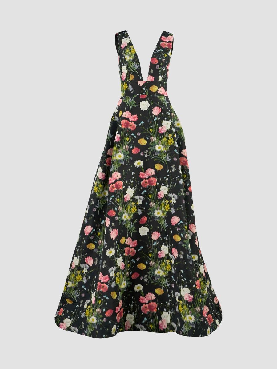 Carolina Herrera Women's Floral V-Neck Sleeveless Gown - Black Multi - Size 10