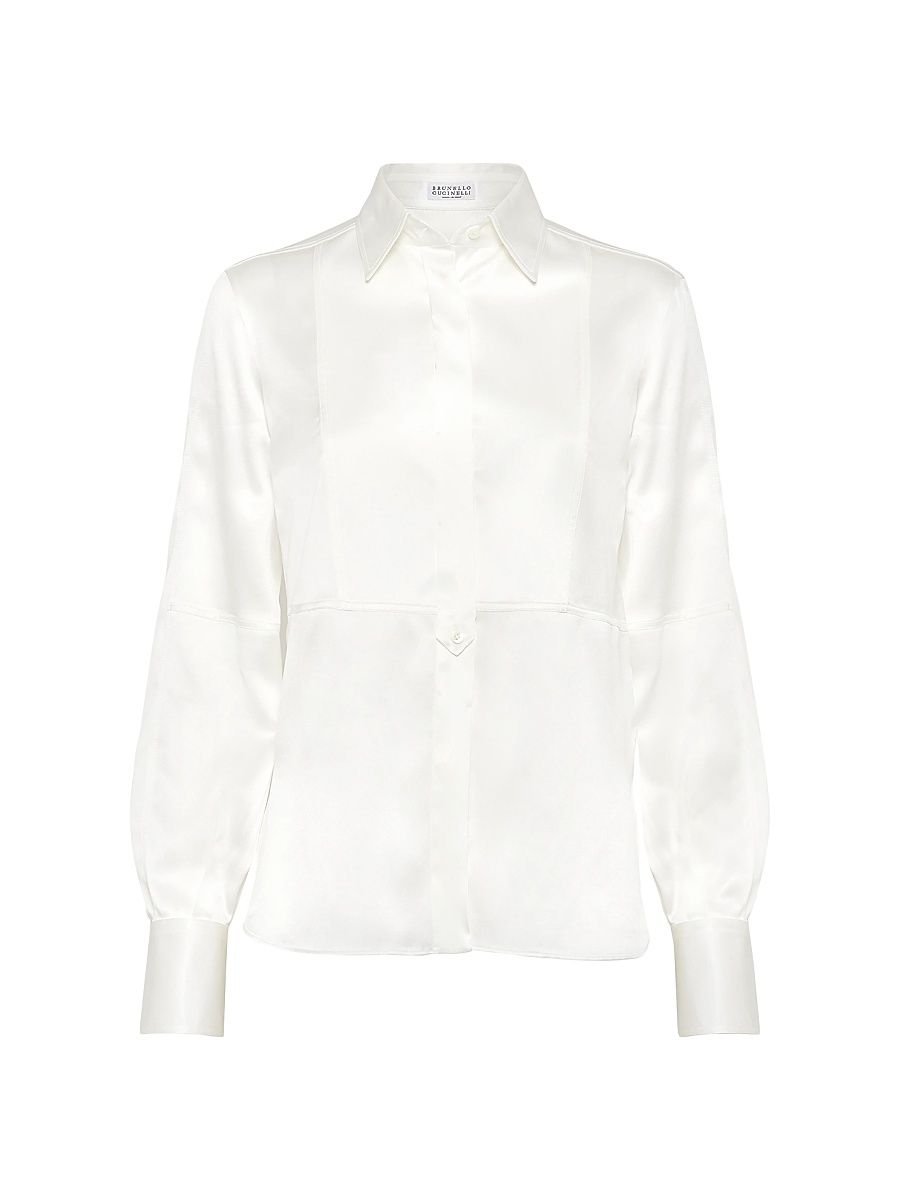 Women's Stretch Silk Satin Shirt with Monili - White - Size XXXXL