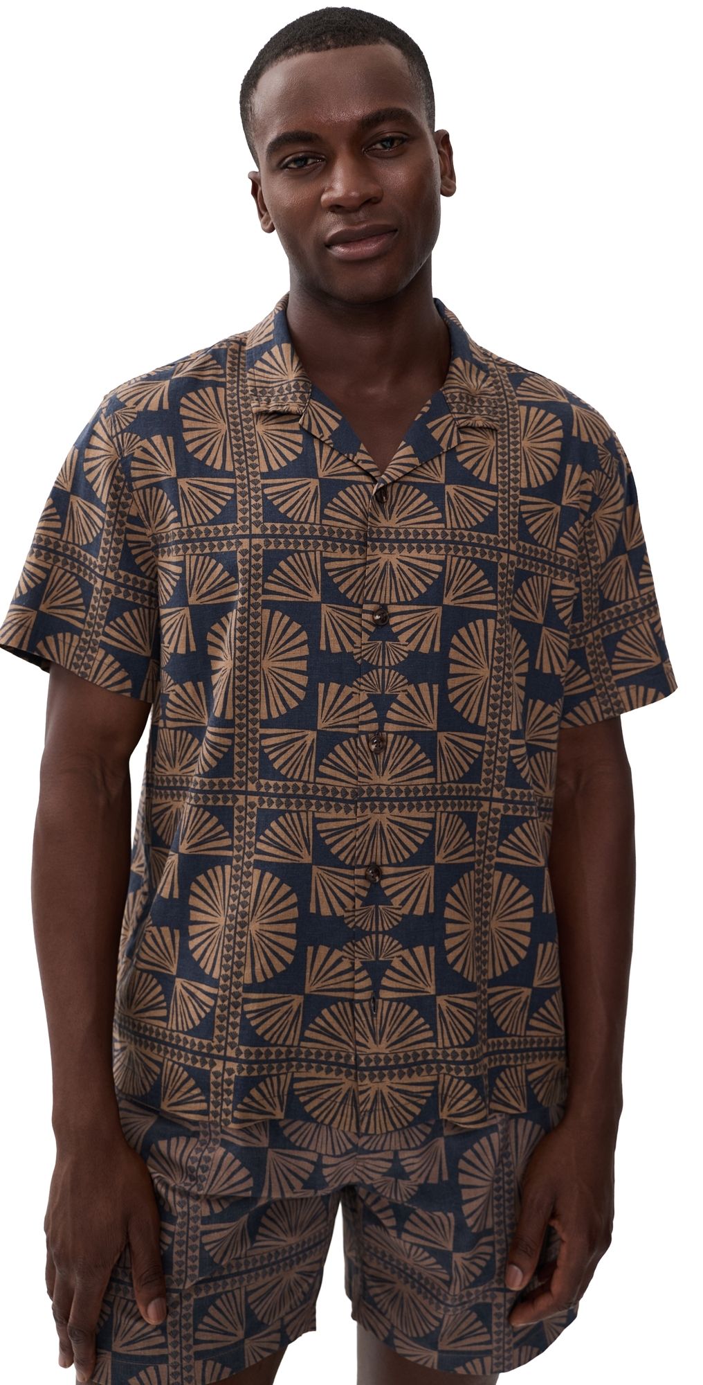 Marine Layer Linen Blend Resort Shirt Brown/Navy Geo Fan Print XXL
