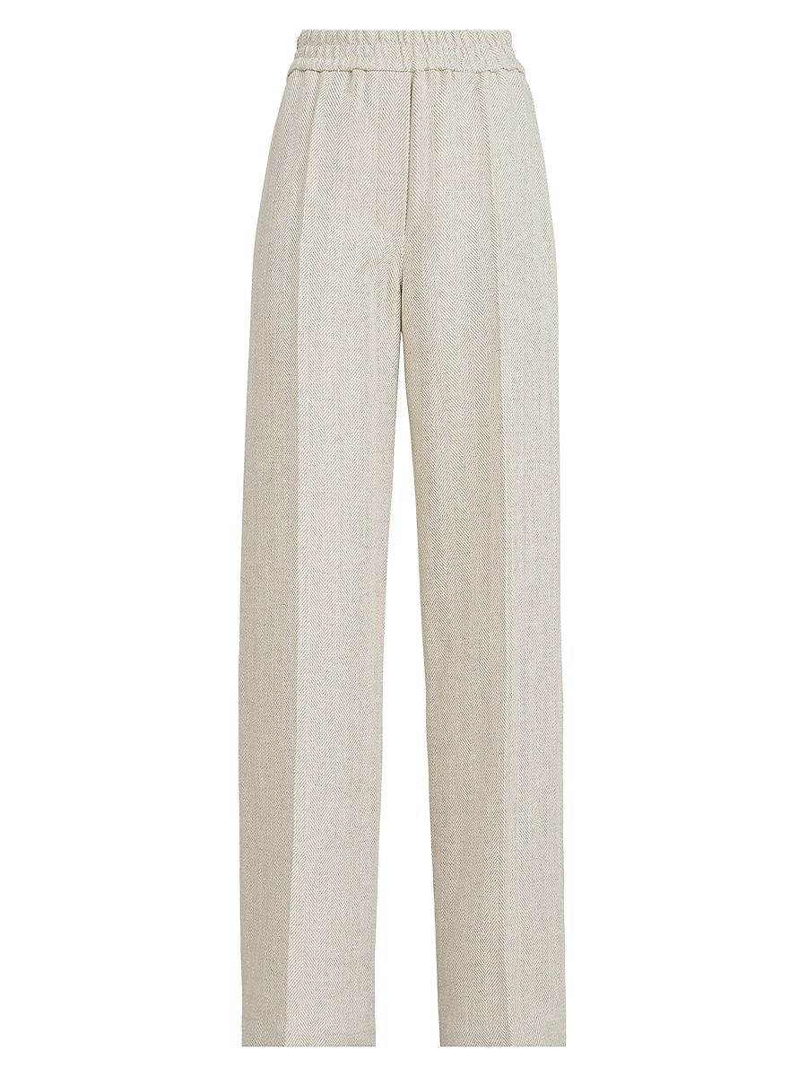 Women's Linen and Cotton Chevron Loose Track Trousers - Beige - Size 14