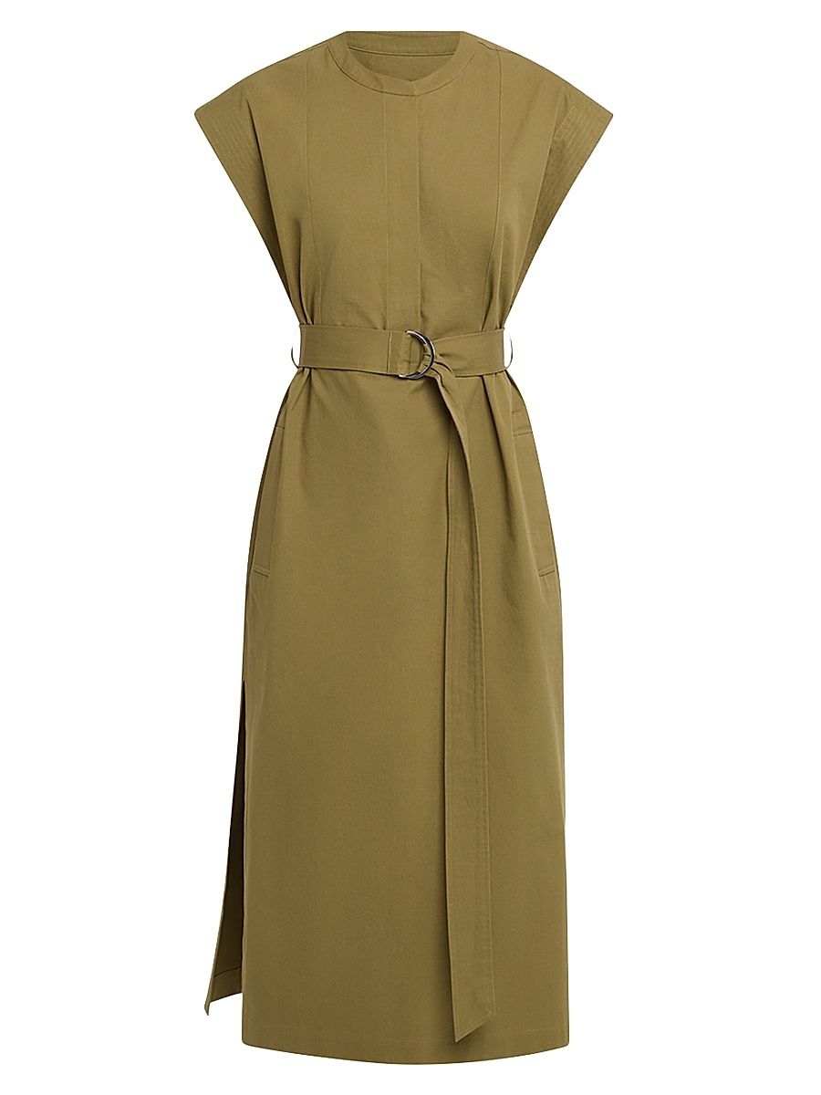 Women's Belted Cap-Sleeve Cotton Twill Midi-Dress - Green - Size XL