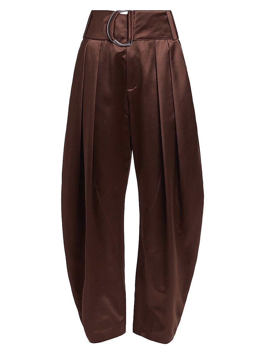 Women's Pleated Satin D-Ring Wide-Leg Tousers - Chestnut - Size 2