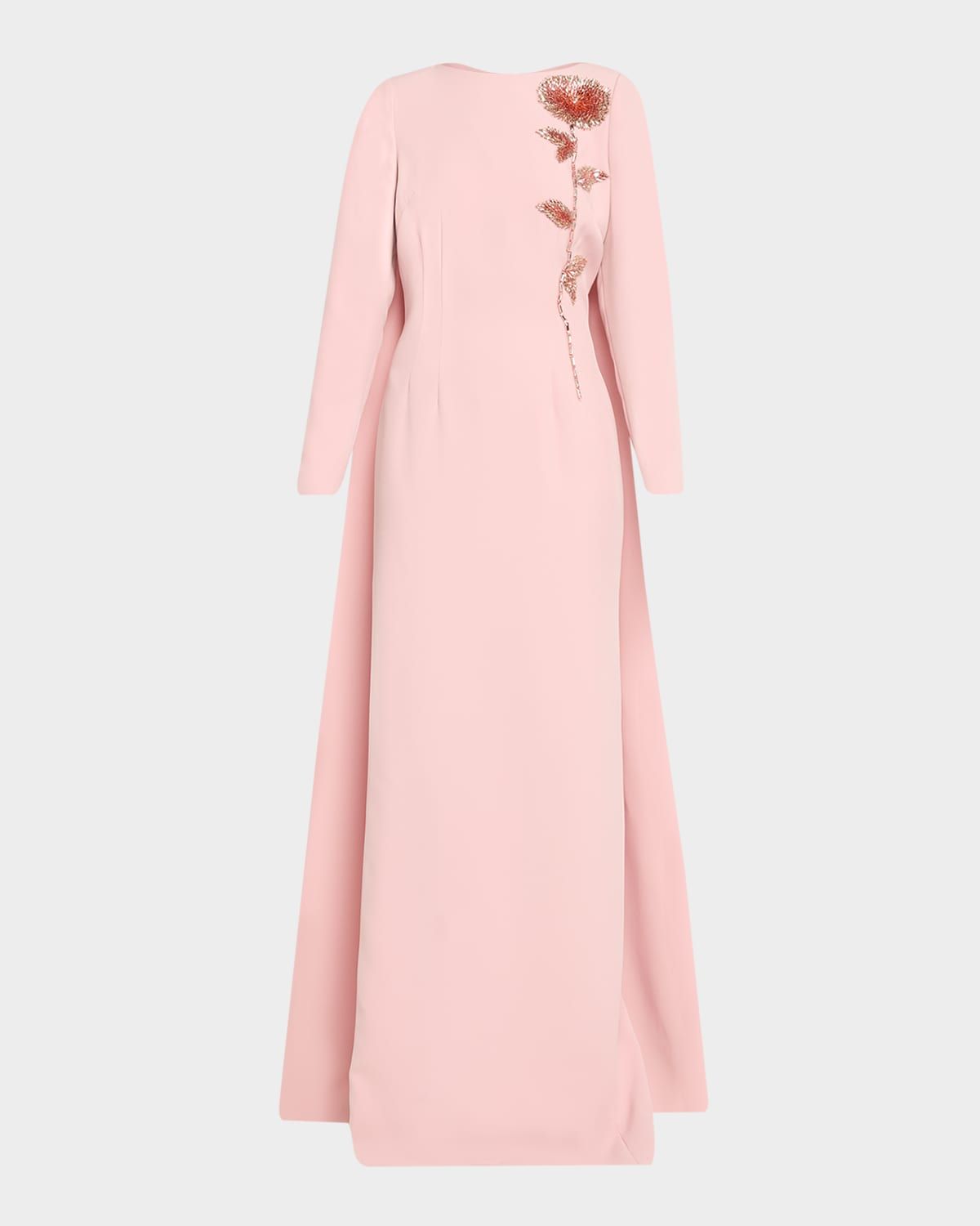 Beaded Floral Crepe Column Gown with Cape