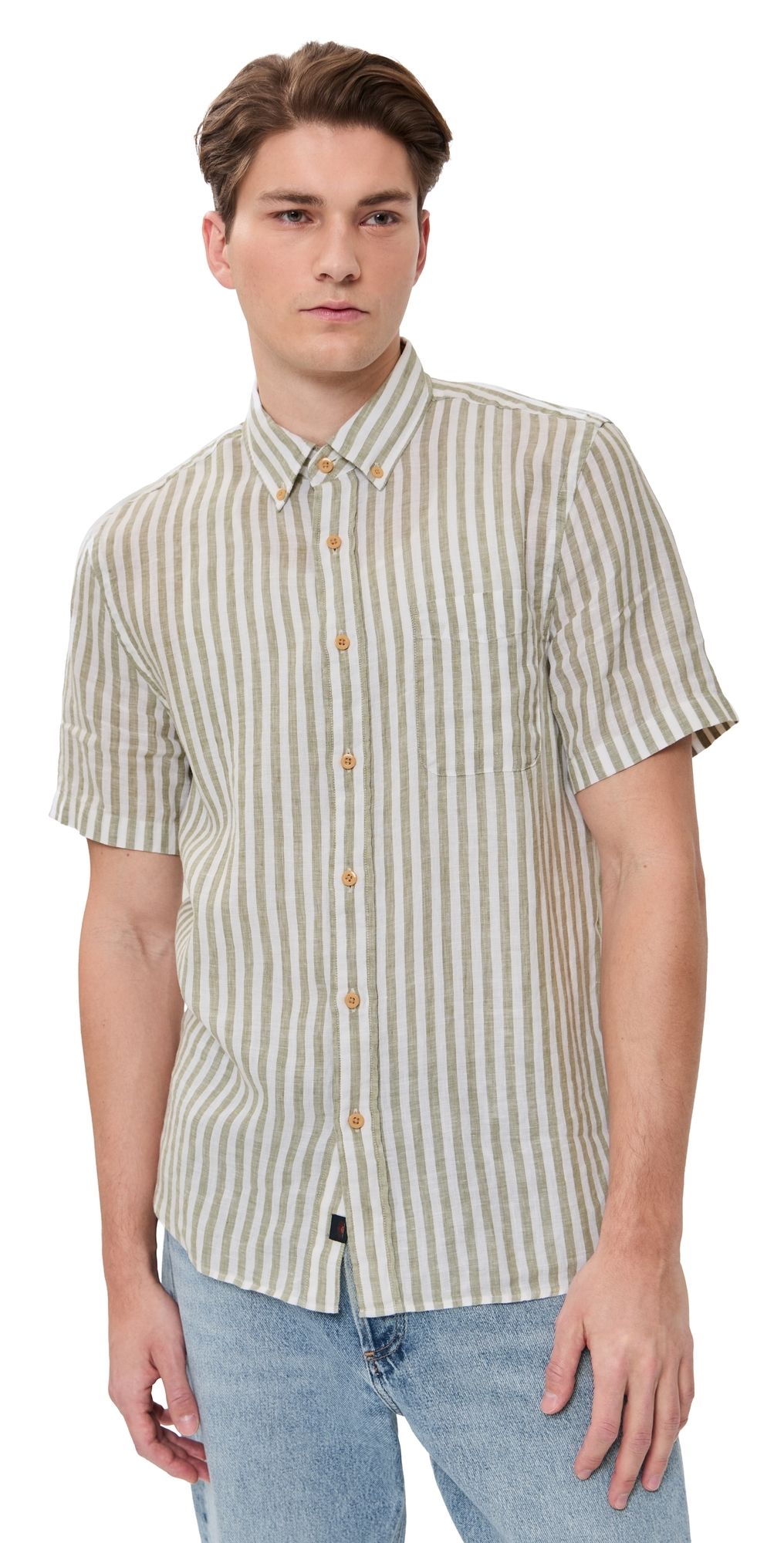 Faherty Laguna Linen Shirt Green Hill Stripe L