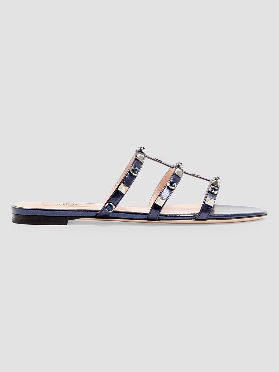 Women's Rockstud Slide Sandals in Laminated Nappa with Cabochon - Navy - Size 8.5