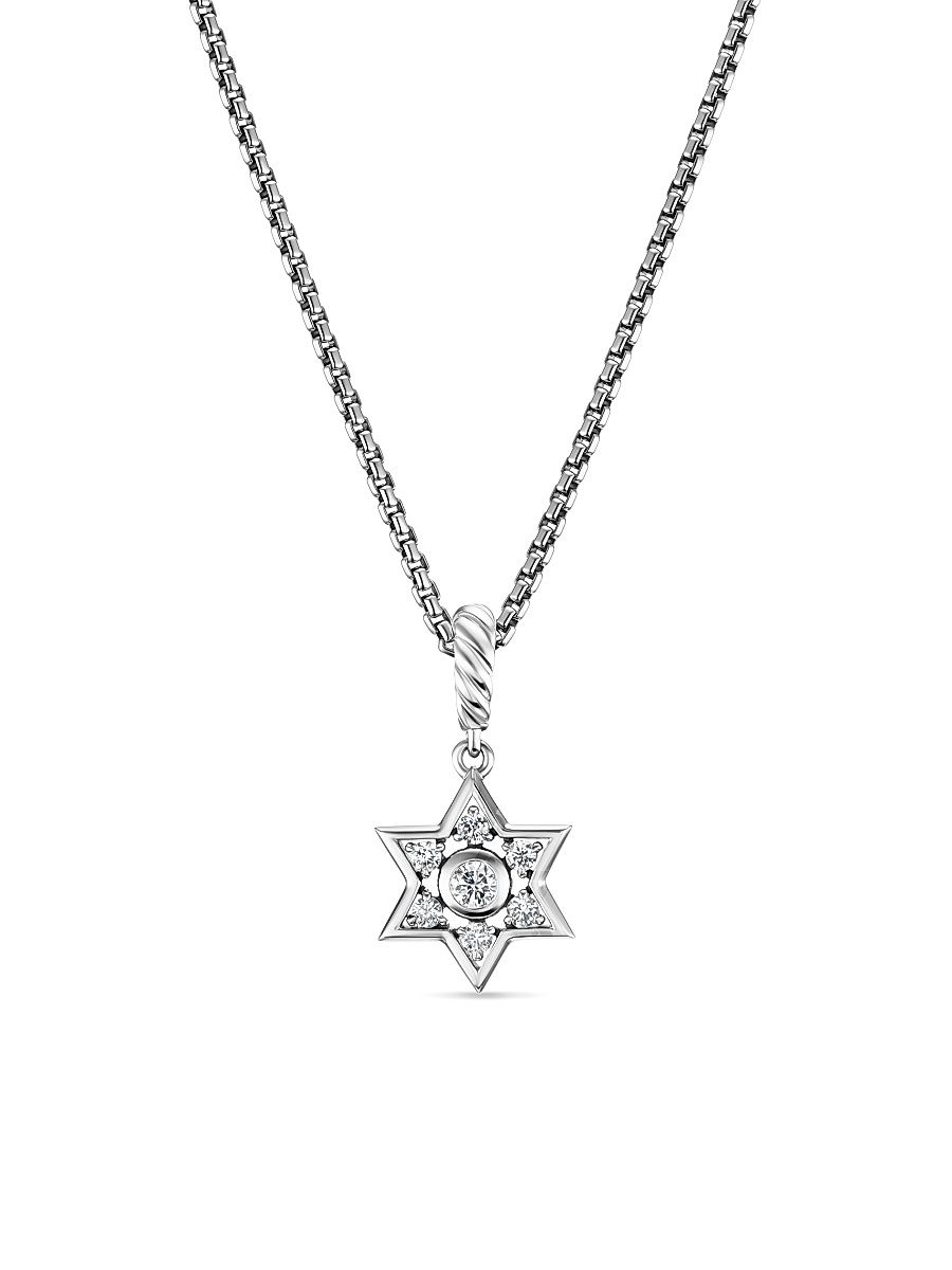 Women's Star of David Pendant Necklace in Sterling Silver with Diamonds, 10.4MM - Diamond - Size 18