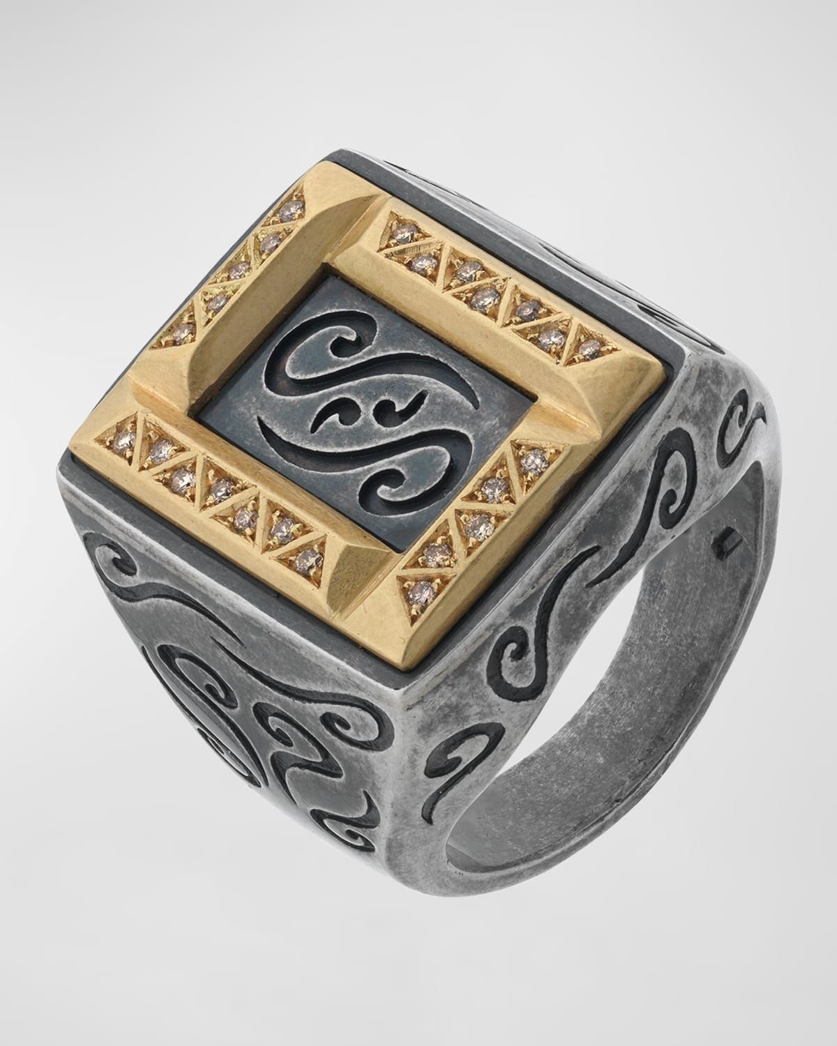 Men & apos;s Oxidized Silver and 18K Yellow Gold Ring with Champagne Diamonds, Size 10