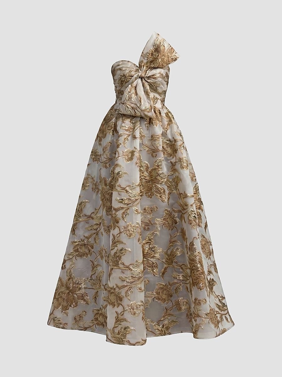 Women's Brocade Bow Strapless Floral Gown - Bronze - Size 14