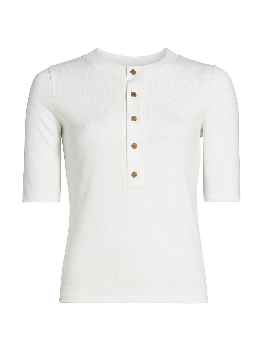 Women's Three-Quarter-Sleeve Henley Top - Off White - Size Large