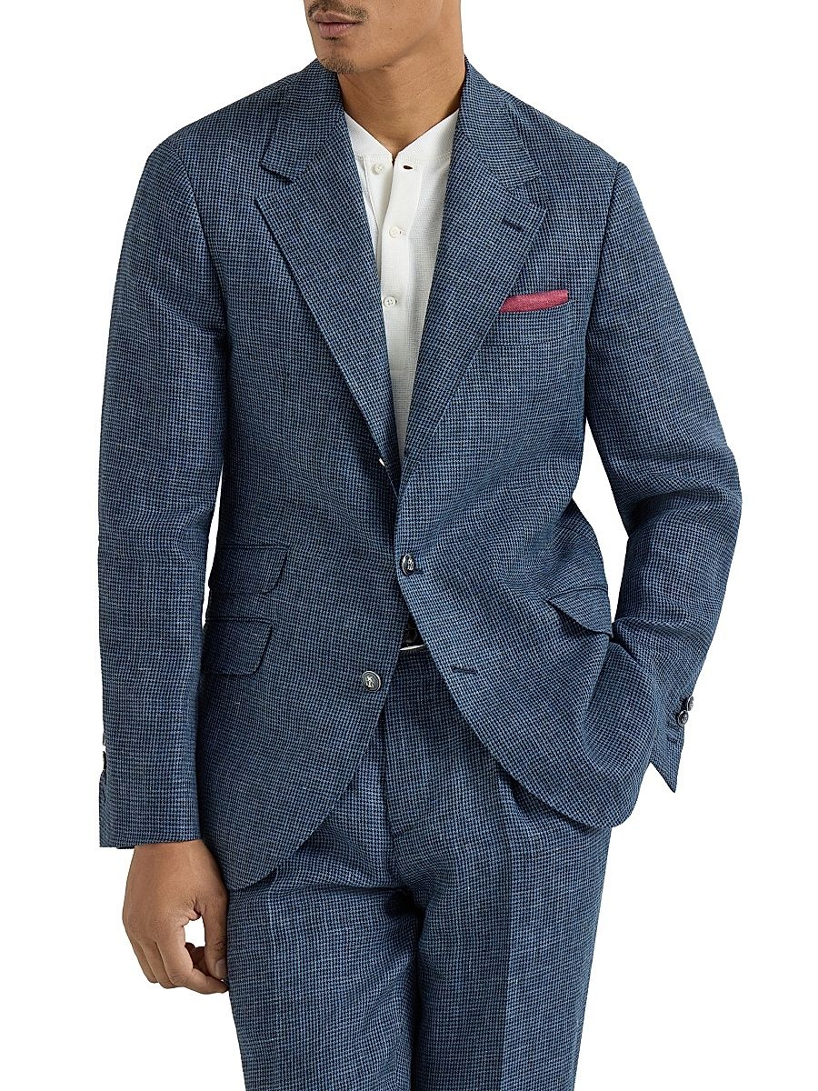 Men's Linen Houndstooth Deconstructed Cavallo Blazer with Metal Buttons - Denim - Size 32