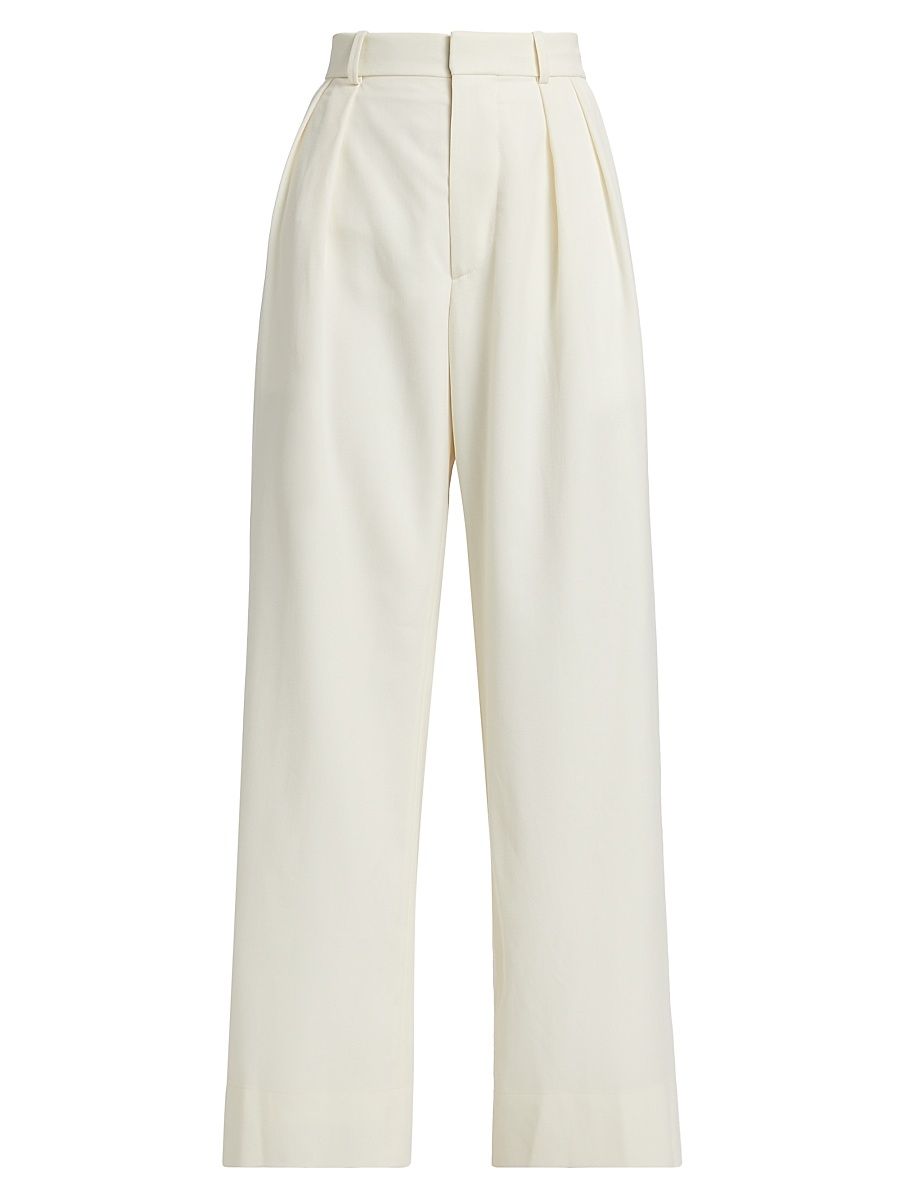 Women's Pleated Wool Low-Rise Trousers - Off White - Size Medium